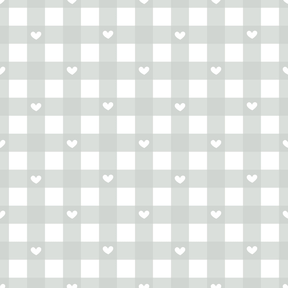 Gray and white gingham pattern with small white heart shapes evenly distributed across the design.