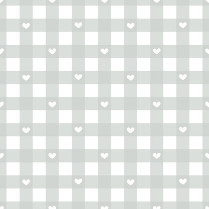 Gray and white gingham pattern with small white heart shapes evenly distributed across the design.