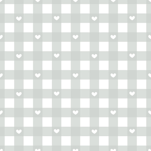 Gray and white gingham pattern with small white heart shapes evenly distributed across the design.