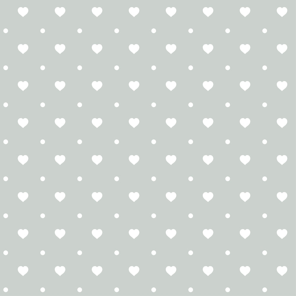 Pattern of small white hearts and dots evenly spaced on a light gray background.