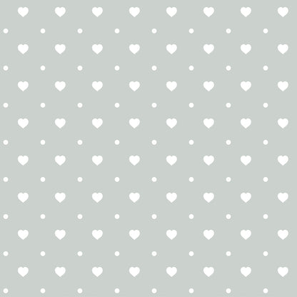 Pattern of small white hearts and dots evenly spaced on a light gray background.