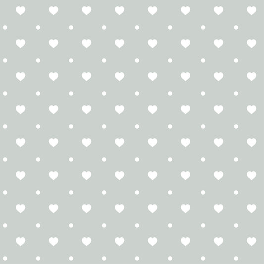 Pattern of small white hearts and dots evenly spaced on a light gray background.