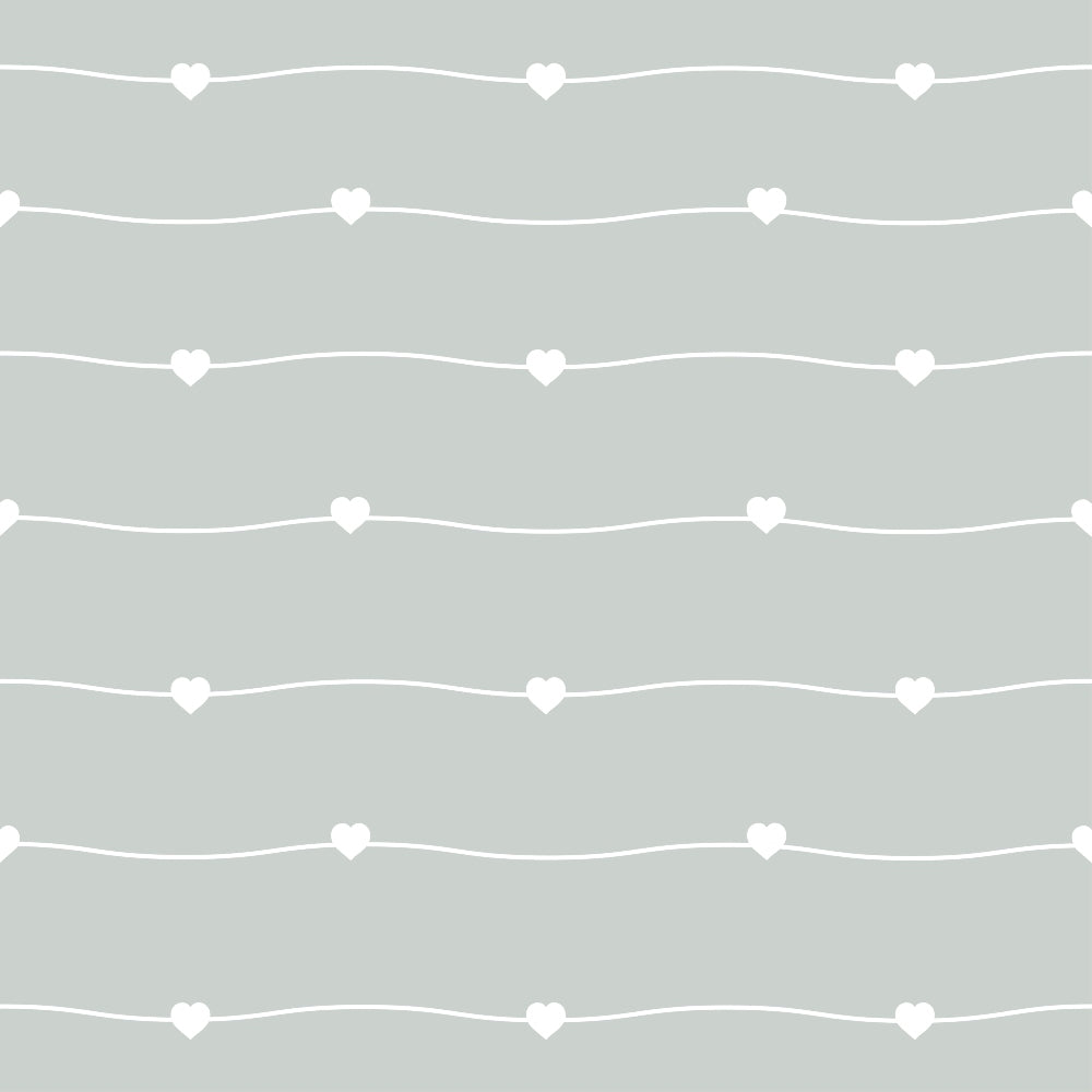 A pattern of white hearts on wavy lines against a light green background.