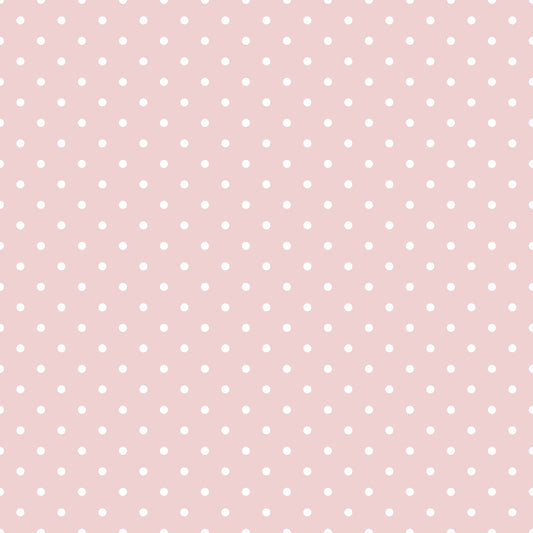 Pink background with evenly spaced small white polka dots in a grid pattern.