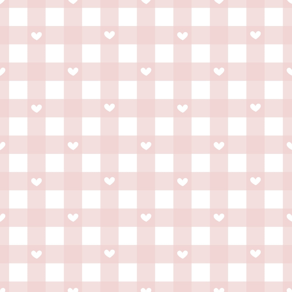 Pale pink gingham pattern with small white hearts evenly spaced throughout the grid.