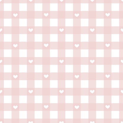 Pale pink gingham pattern with small white hearts evenly spaced throughout the grid.