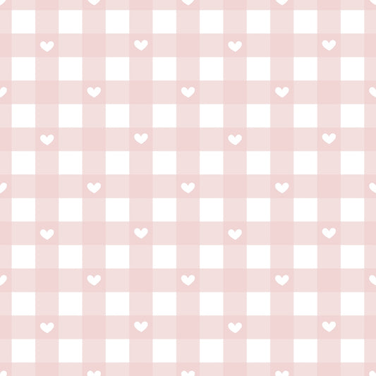 Pale pink gingham pattern with small white hearts evenly spaced throughout the grid.