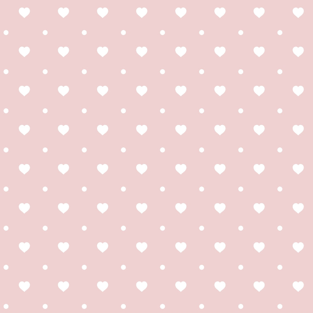 A pattern of small white hearts and dots on a light pink background.