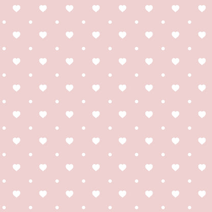 A pattern of small white hearts and dots on a light pink background.