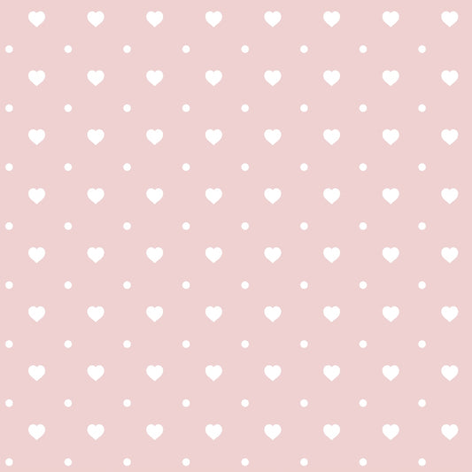 A pattern of small white hearts and dots on a light pink background.