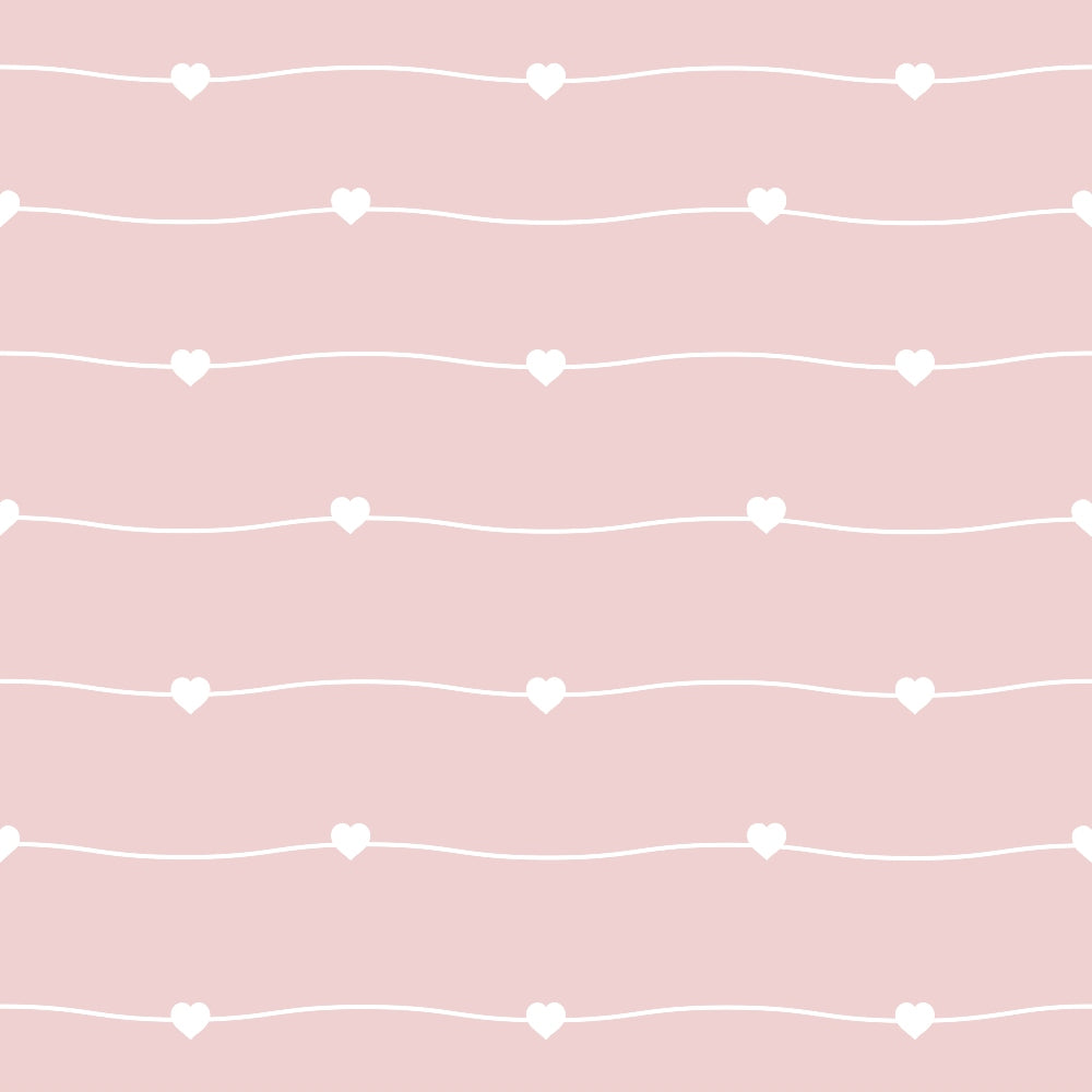 A pattern of white hearts on curved lines against a pastel pink background.