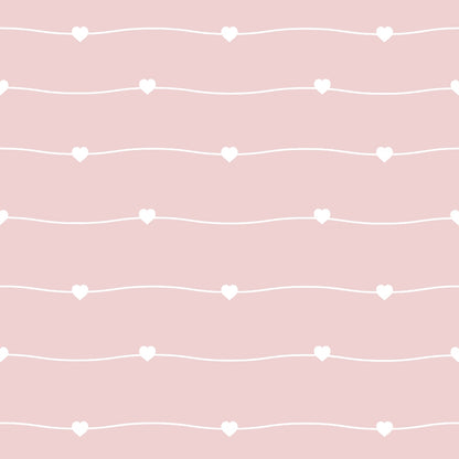 A pattern of white hearts on curved lines against a pastel pink background.