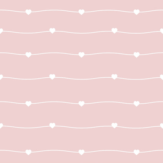 A pattern of white hearts on curved lines against a pastel pink background.