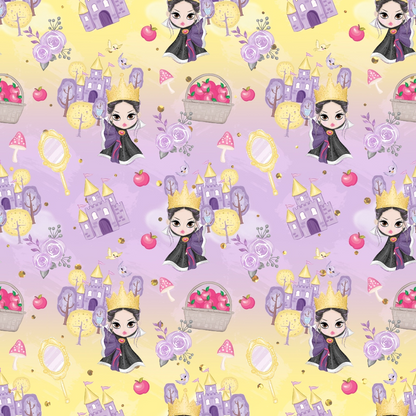 Patterned image featuring cartoon queens wearing crowns, purple castles, apples, woven baskets, and flowers on a yellow and purple background.