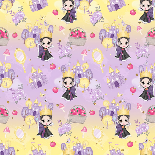 Patterned image featuring cartoon queens wearing crowns, purple castles, apples, woven baskets, and flowers on a yellow and purple background.