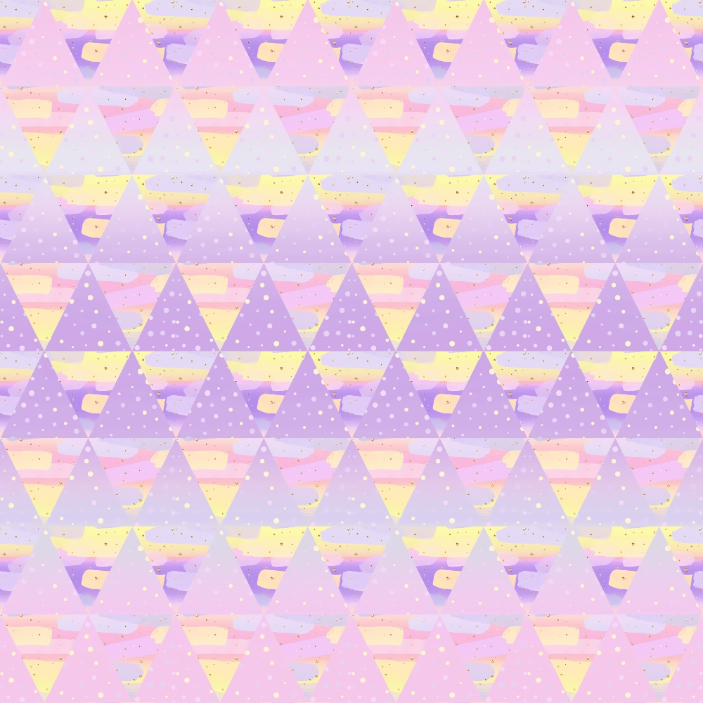 A pastel geometric pattern with overlapping triangles in shades of purple, pink, and yellow, featuring dotted accents within each triangle.