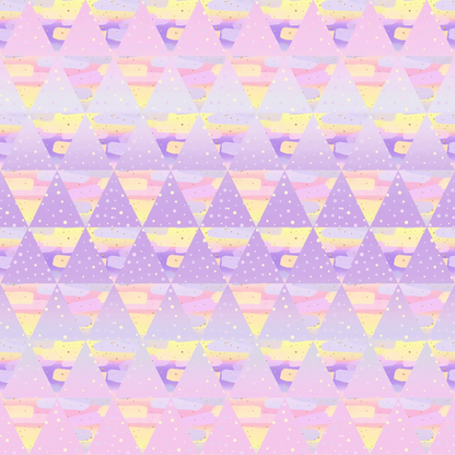 A pastel geometric pattern with overlapping triangles in shades of purple, pink, and yellow, featuring dotted accents within each triangle.