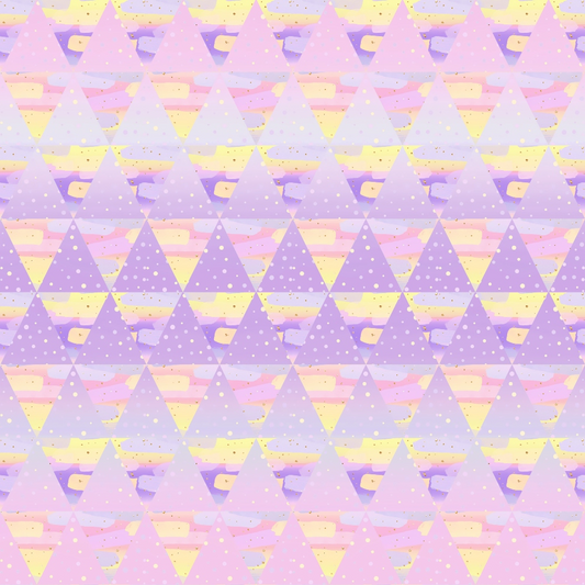 A pastel geometric pattern with overlapping triangles in shades of purple, pink, and yellow, featuring dotted accents within each triangle.