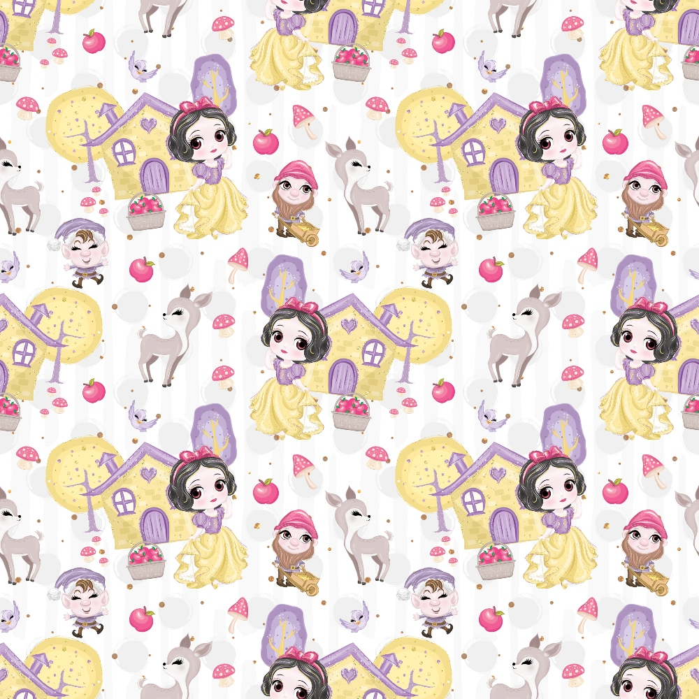 Patterned illustration featuring cartoon princesses, small houses, rabbits, dwarfs, and apples on a white background.