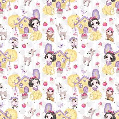 Patterned illustration featuring cartoon princesses, small houses, rabbits, dwarfs, and apples on a white background.