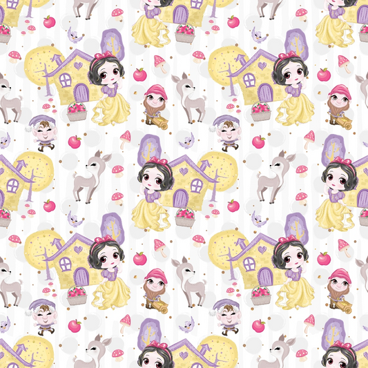 Patterned illustration featuring cartoon princesses, small houses, rabbits, dwarfs, and apples on a white background.