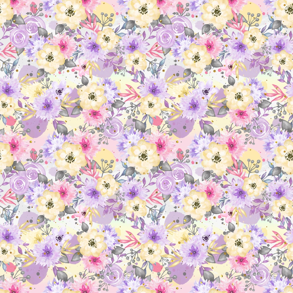 Floral pattern with yellow, pink, and purple flowers, green leaves, and abstract shapes on a light background.