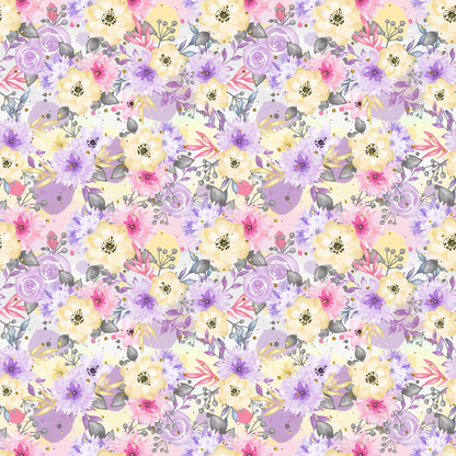 Floral pattern with yellow, pink, and purple flowers, green leaves, and abstract shapes on a light background.