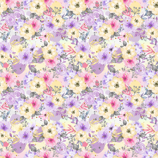 Floral pattern with yellow, pink, and purple flowers, green leaves, and abstract shapes on a light background.