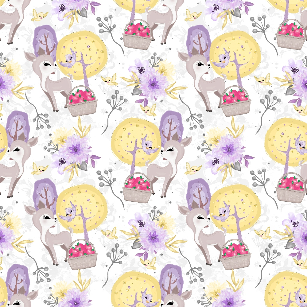 Pattern of whimsical deer standing by baskets and trees, surrounded by yellow moons, purple flowers, and butterflies on a white background.