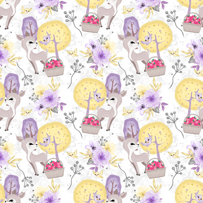 Pattern of whimsical deer standing by baskets and trees, surrounded by yellow moons, purple flowers, and butterflies on a white background.