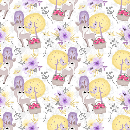 Pattern of whimsical deer standing by baskets and trees, surrounded by yellow moons, purple flowers, and butterflies on a white background.