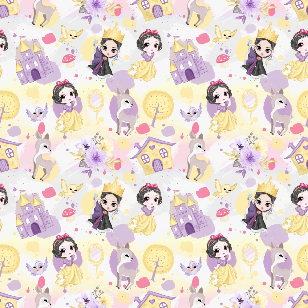 Pattern with princesses, castles, rabbits, and flowers on a pastel background.