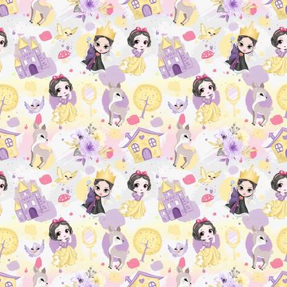 Pattern with princesses, castles, rabbits, and flowers on a pastel background.