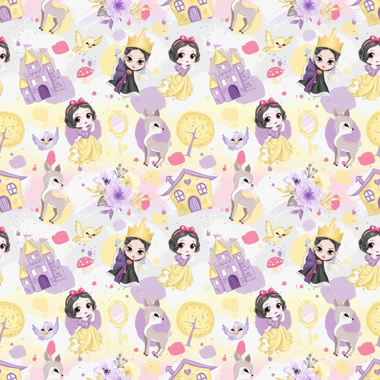 Pattern with princesses, castles, rabbits, and flowers on a pastel background.