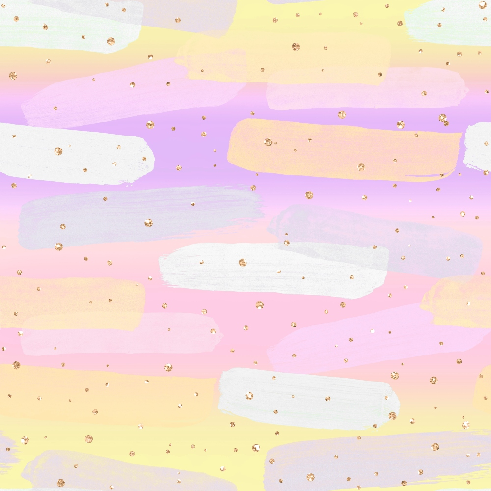 Abstract design with pastel brush strokes in yellow, pink, and lavender, scattered with small gold dots.