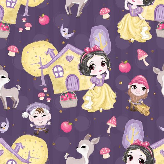 purple background, snow white, fairy tale, cute characters, yellow dress, seven dwarfs, woodland animals, deer, birds, mushrooms, apples, cottage house, whimsical style, quilting cotton, fabric panel, children's pattern, storybook theme, kawaii style, repeating pattern, fantasy elements