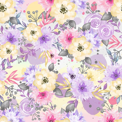 Seamless floral pattern with yellow, purple, pink, and lavender flowers, accompanied by gray leaves and abstract shapes on a light background.