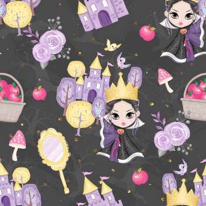 Pattern with an illustrated queen, castles, baskets of apples, mushrooms, flowers, a mirror, and birds on a dark background.