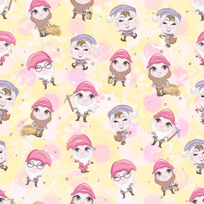 Pattern of cartoon gnomes on a pastel yellow background, featuring gnomes with pink and purple hats, holding various objects.