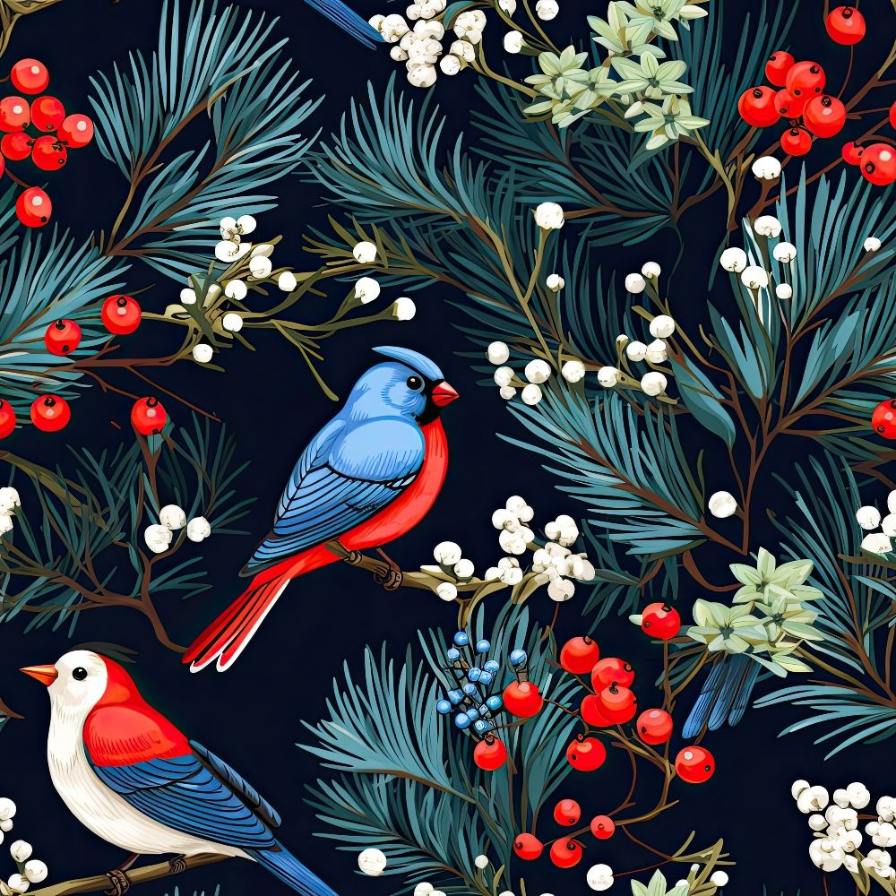 winter birds, quilting cotton, fabric panel, navy blue background, red berries, white berries, evergreen branches, pine needles, blue birds, red breast birds, winter foliage, botanical pattern, festive colors, seasonal design, nature motif, bird illustration, holiday theme, crafting fabric, sewing material, decorative pattern