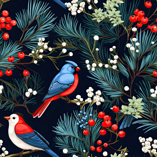 Illustration of blue and red birds perched on branches among pine needles and red and white berries, set against a dark background.