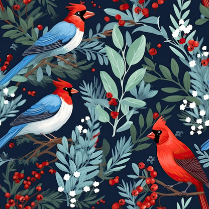 Illustration of two red cardinals and a red-and-blue bird among green leaves and red berries on a dark background.