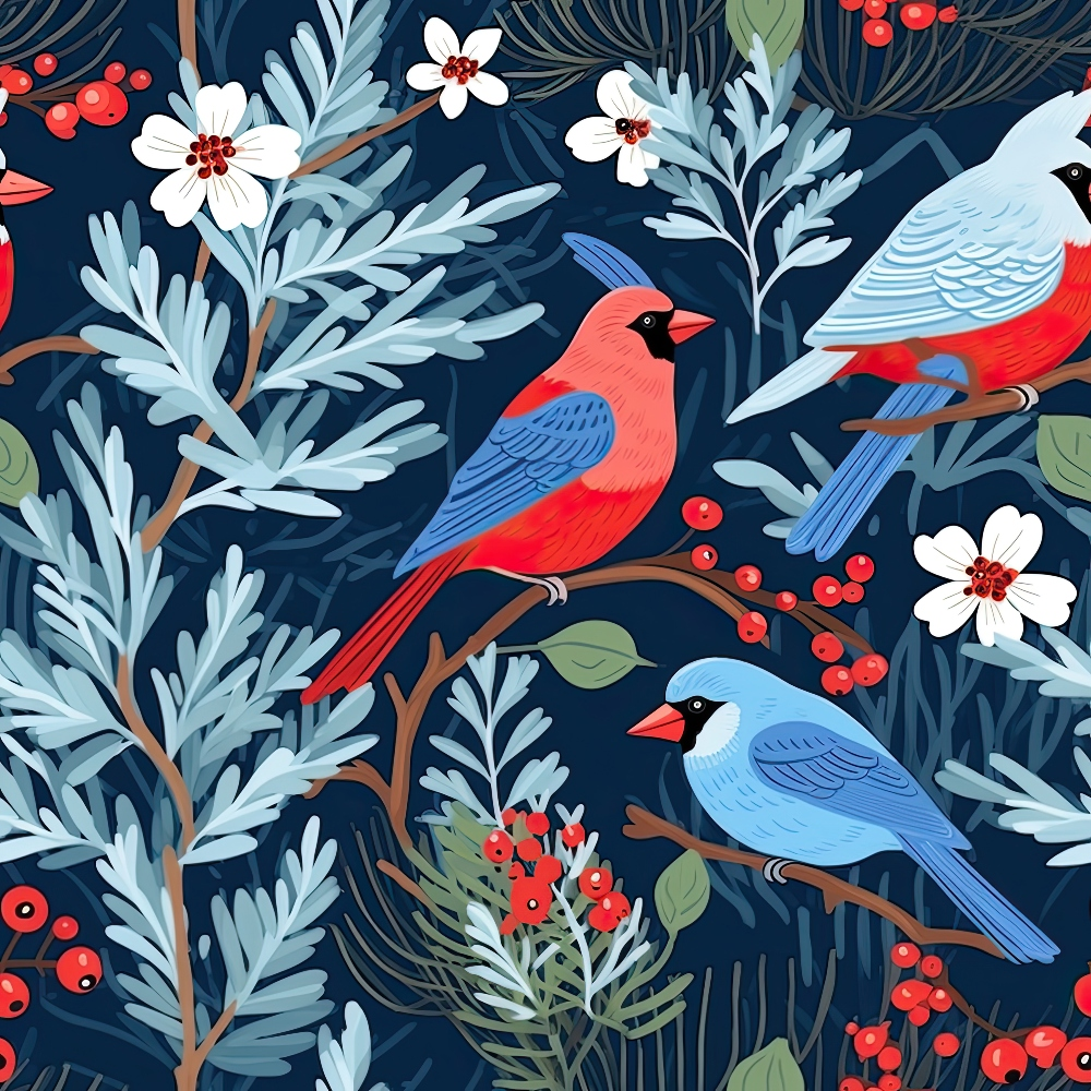 Colorful birds perched on branches with red berries, surrounded by white flowers and green foliage on a dark blue background.