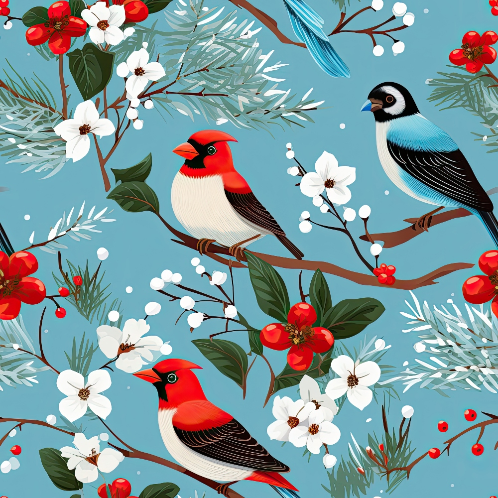 Illustrated red and blue birds perched on branches with white flowers, red berries, and green leaves on a blue background.