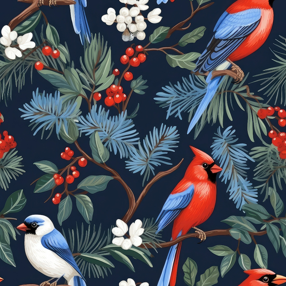 Pattern of vibrantly colored red and blue birds on branches with green leaves, red berries, and white flowers against a dark background.