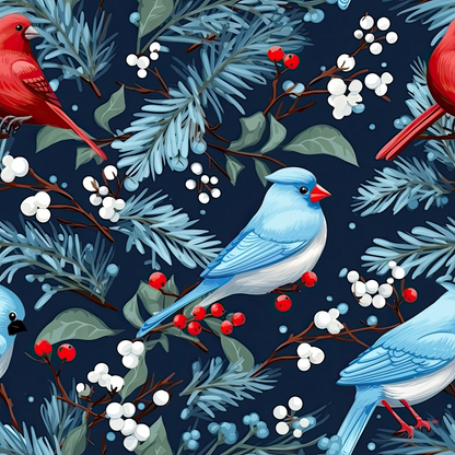 Illustration of red and blue birds surrounded by pine branches, white berries, and red berries on a dark background.