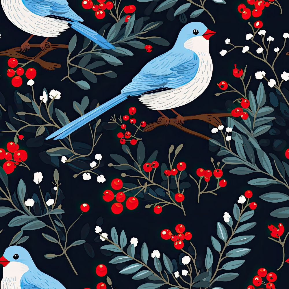 Illustrated blue and white birds perched on branches with red berries and green leaves against a dark background.