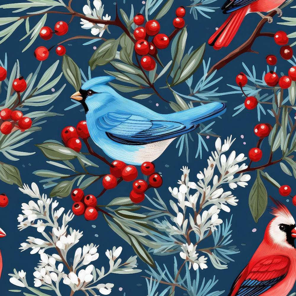 Illustrated pattern featuring blue and red birds among green leaves and red berries on a dark blue background.