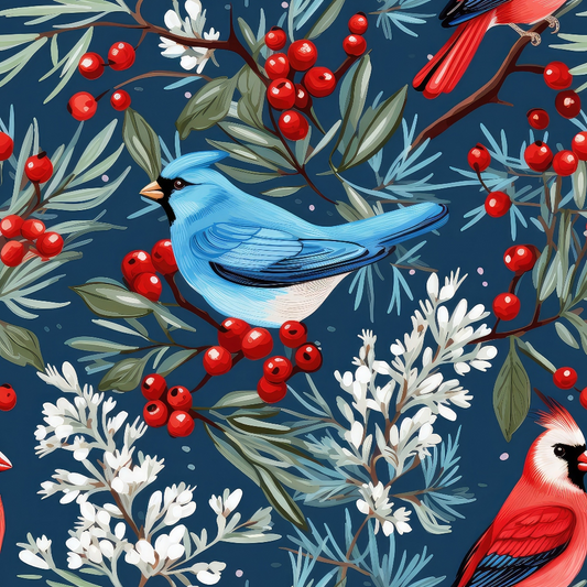 Illustrated pattern featuring blue and red birds among green leaves and red berries on a dark blue background.