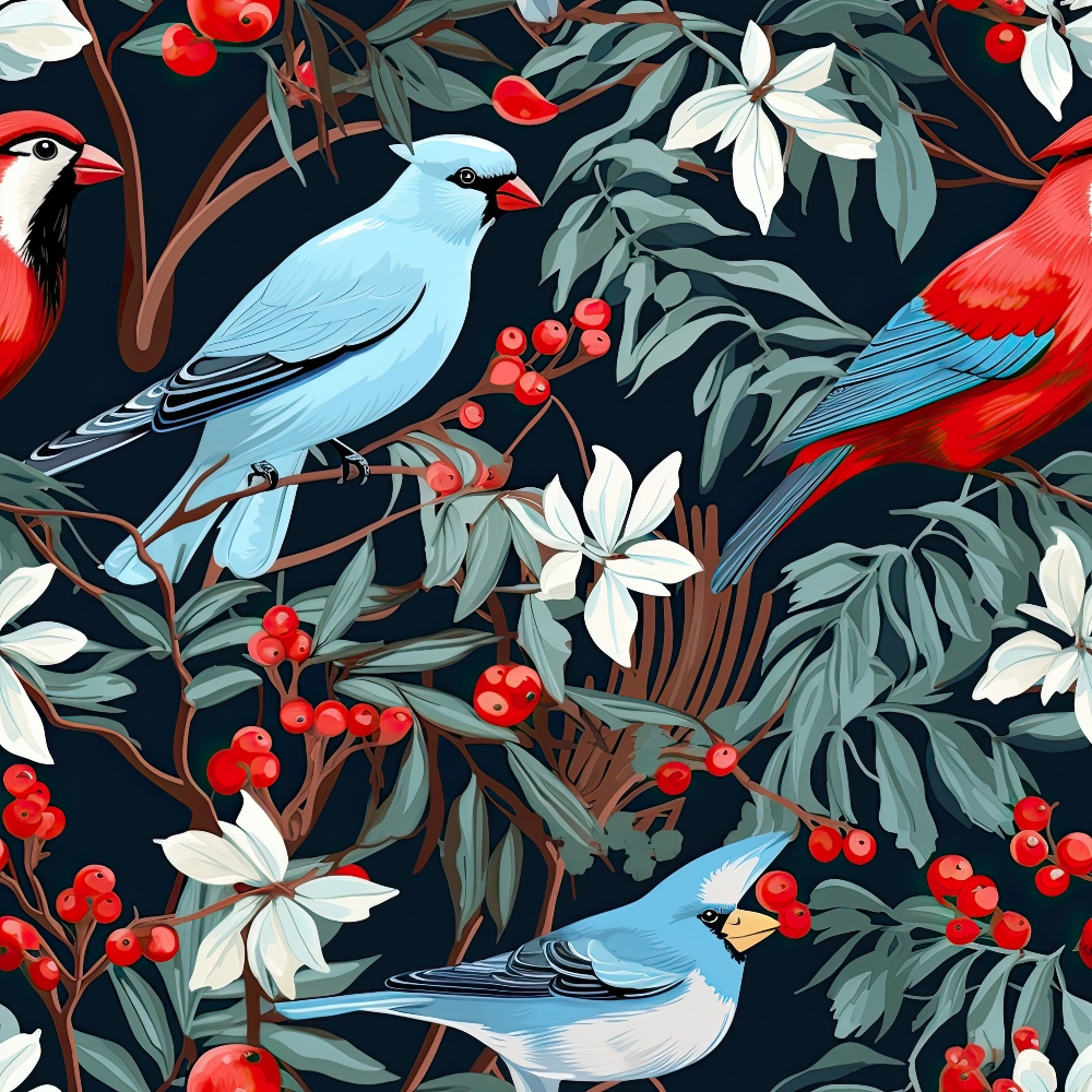 Illustration of various colorful birds among leafy branches with white flowers and red berries on a dark background.